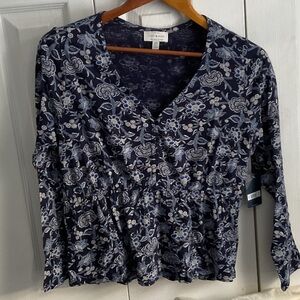 Lucky Brand Navy Floral V-Neck Blouse NWT